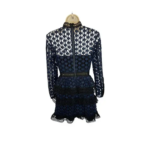 Self-Portrait Navy Blue Black High Neck Star Lace Mini Dress - Size XS